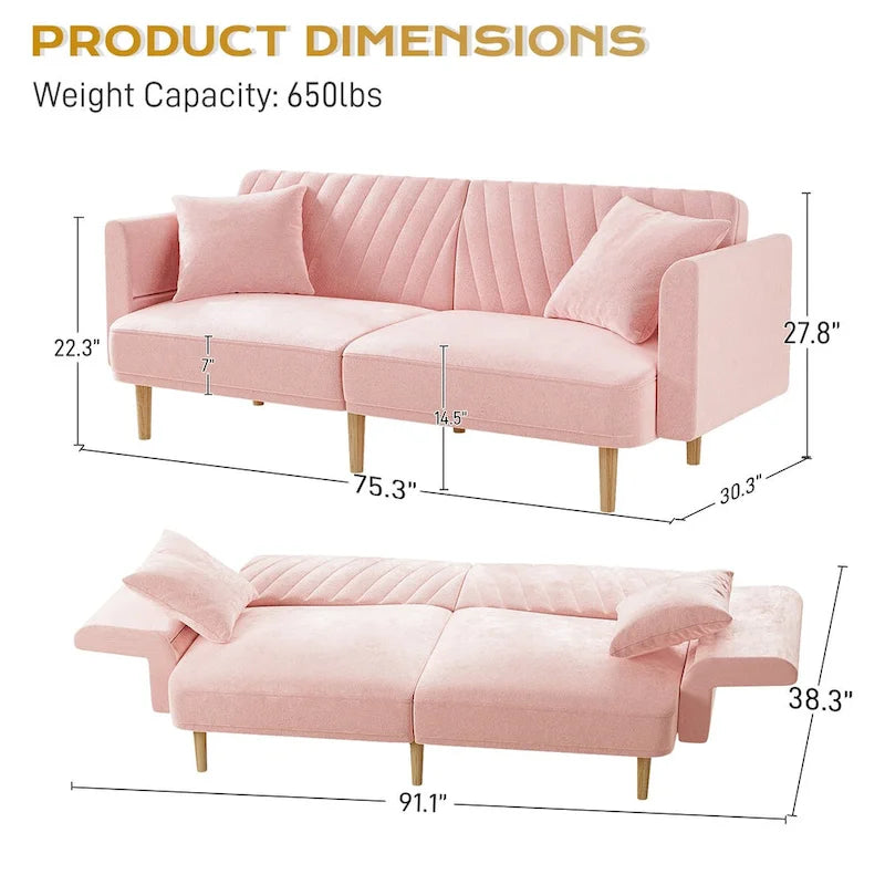 Divano Letto Futon Convertibile, Rivestimento Trapuntato con Bottoni, Bracciolo Pieghevole, Divano Letto per Piccoli Spazi