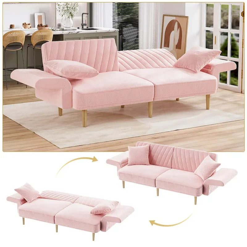 Divano Letto Futon Convertibile, Rivestimento Trapuntato con Bottoni, Bracciolo Pieghevole, Divano Letto per Piccoli Spazi
