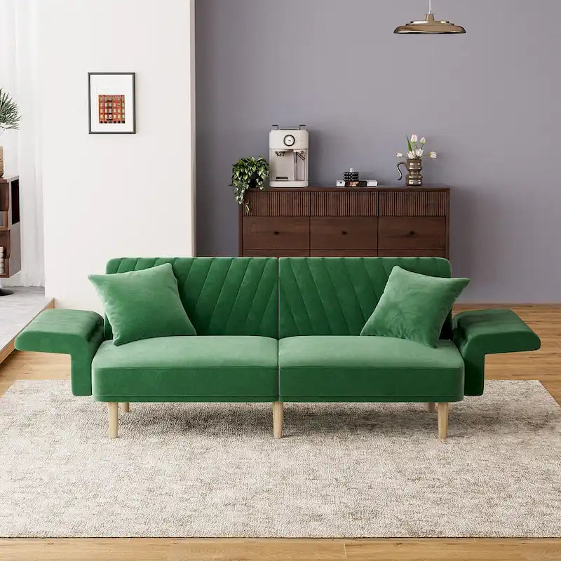 Divano Letto Futon Convertibile, Rivestimento Trapuntato con Bottoni, Bracciolo Pieghevole, Divano Letto per Piccoli Spazi
