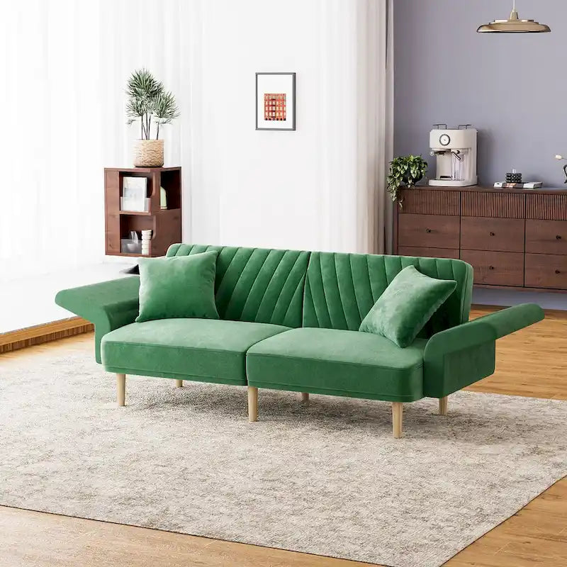 Divano Letto Futon Convertibile, Rivestimento Trapuntato con Bottoni, Bracciolo Pieghevole, Divano Letto per Piccoli Spazi