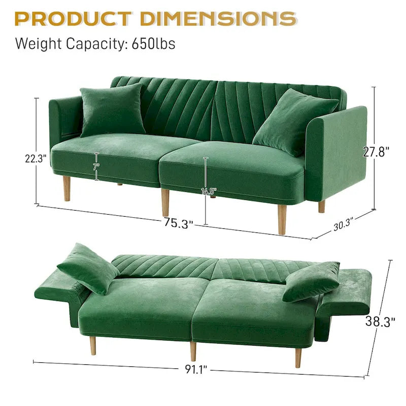 Divano Letto Futon Convertibile, Rivestimento Trapuntato con Bottoni, Bracciolo Pieghevole, Divano Letto per Piccoli Spazi