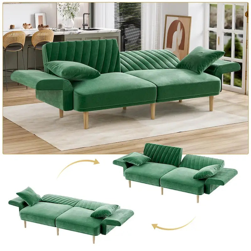Divano Letto Futon Convertibile, Rivestimento Trapuntato con Bottoni, Bracciolo Pieghevole, Divano Letto per Piccoli Spazi