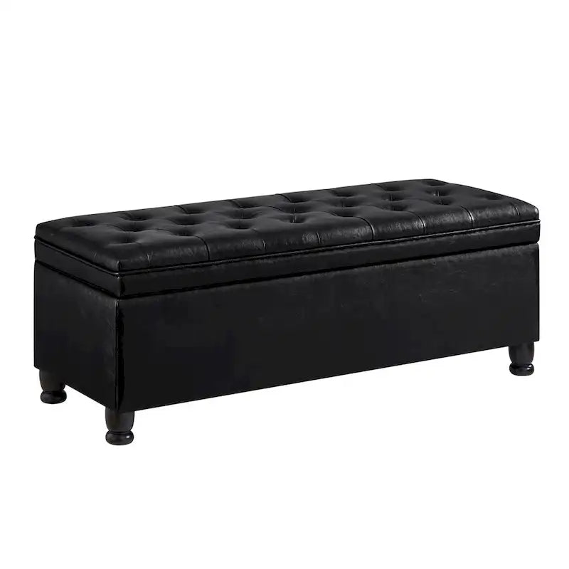 Panca contenitore imbottita in ecopelle nera capitonné con gambe in legno a fuso, panca pouf contenitore