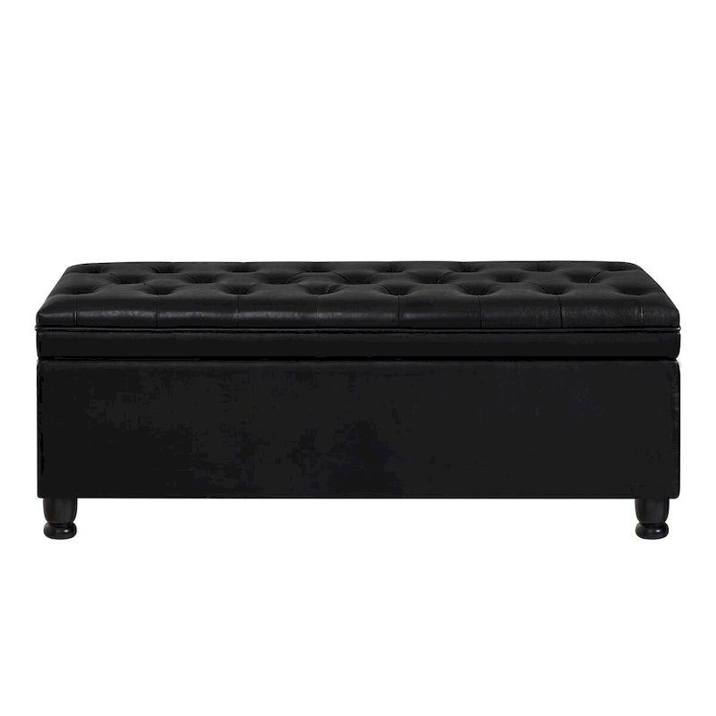 Panca contenitore imbottita in ecopelle nera capitonné con gambe in legno a fuso, panca pouf contenitore