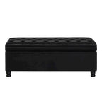 Panca contenitore imbottita in ecopelle nera capitonné con gambe in legno a fuso, panca pouf contenitore