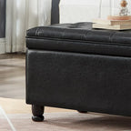 Panca contenitore imbottita in ecopelle nera capitonné con gambe in legno a fuso, panca pouf contenitore
