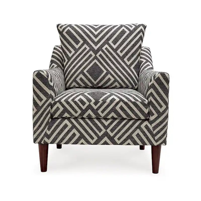 Poltrona Morris, grigia, fantasia geometrica bianca, poliestere, legno marrone
