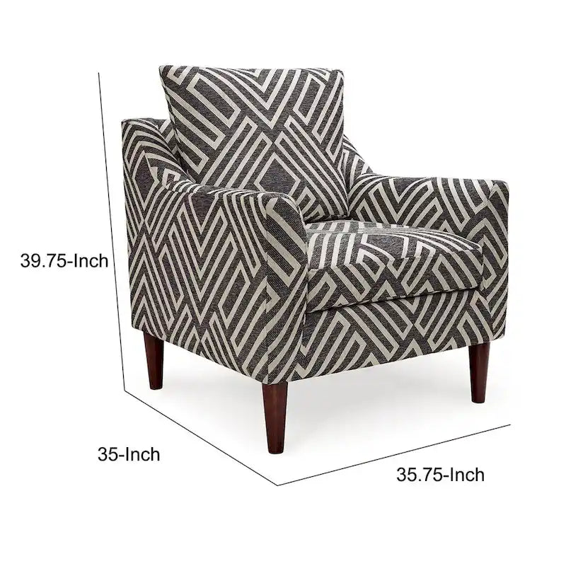 Poltrona Morris, grigia, fantasia geometrica bianca, poliestere, legno marrone