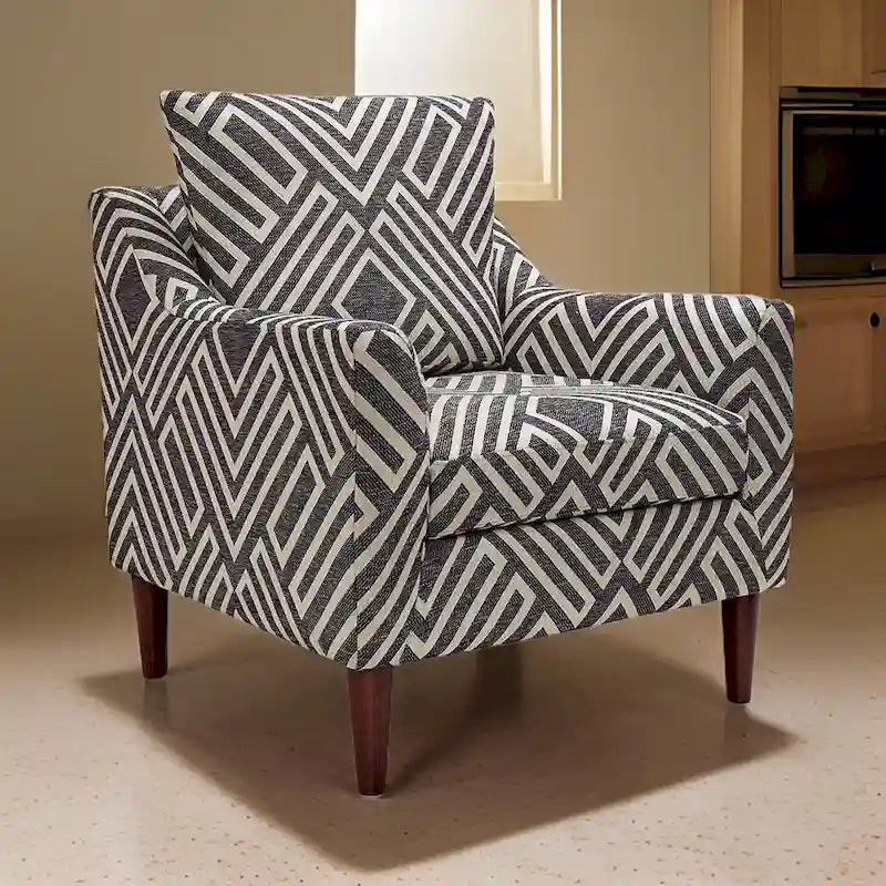 Poltrona Morris, grigia, fantasia geometrica bianca, poliestere, legno marrone