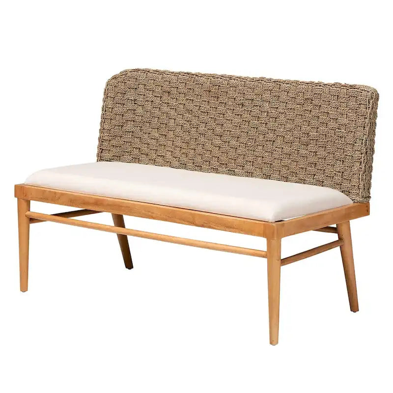 Set panca angolare da pranzo Denver moderno bohémien a 2 pezzi in legno di acacia ed erba marina naturale