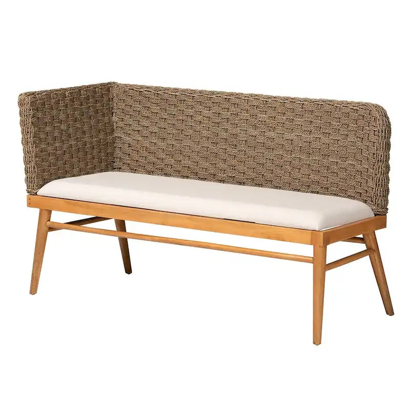 Set panca angolare da pranzo Denver moderno bohémien a 2 pezzi in legno di acacia ed erba marina naturale