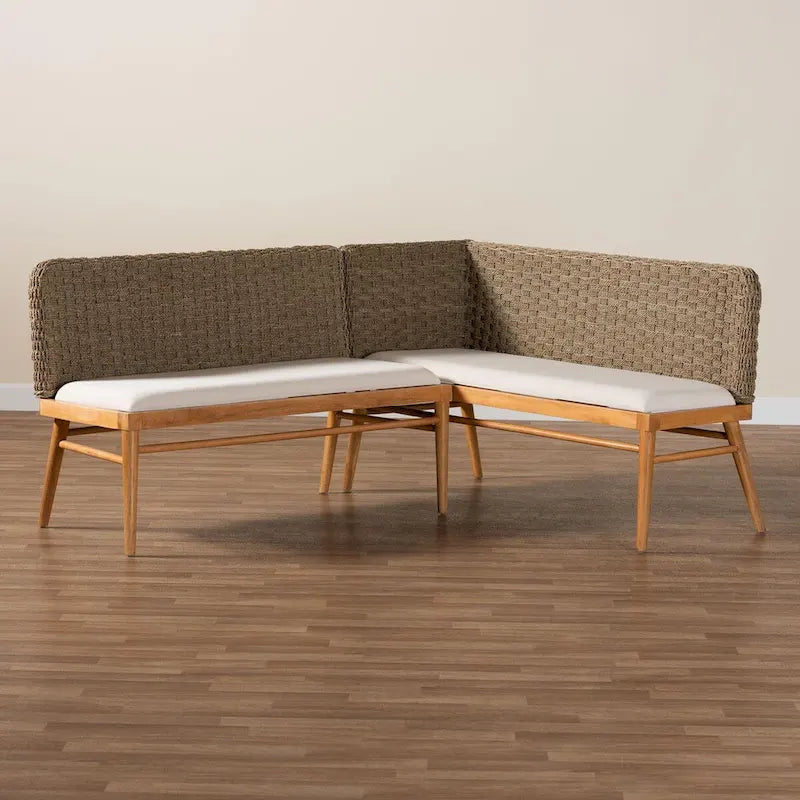Set panca angolare da pranzo Denver moderno bohémien a 2 pezzi in legno di acacia ed erba marina naturale