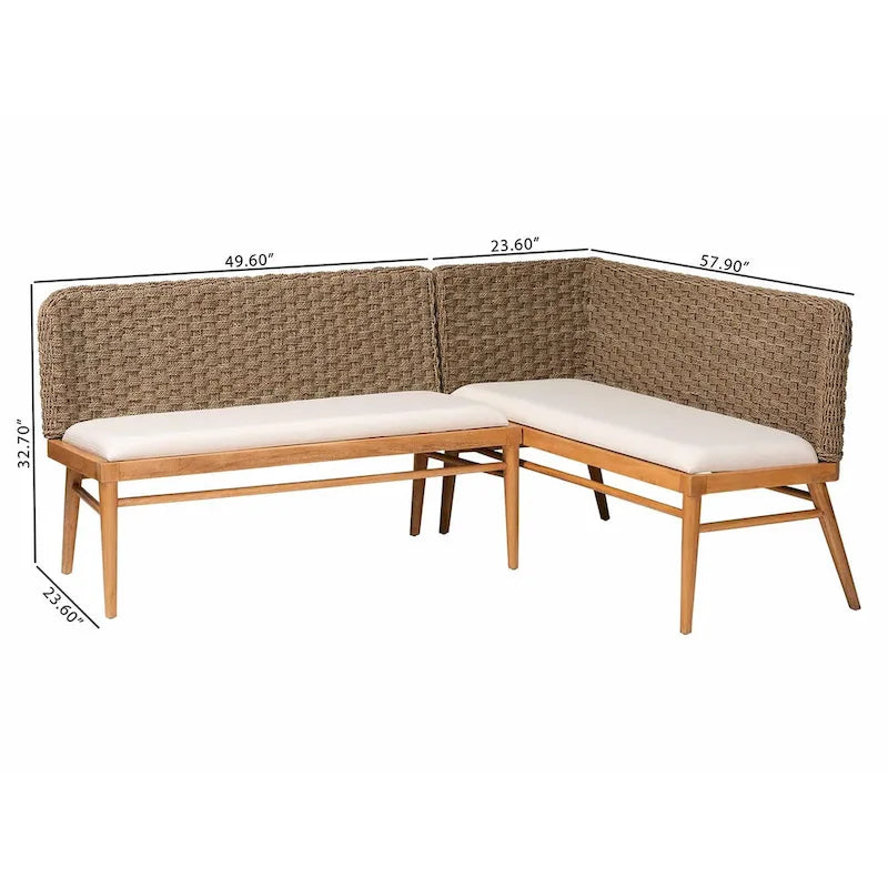 Set panca angolare da pranzo Denver moderno bohémien a 2 pezzi in legno di acacia ed erba marina naturale