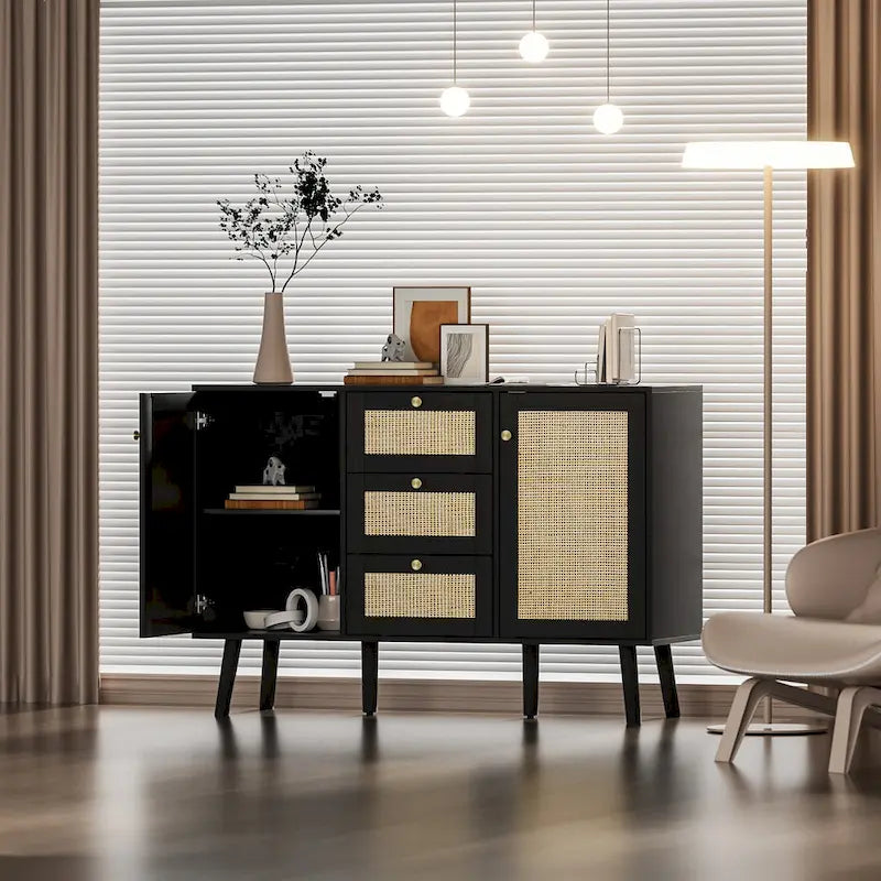 Madia moderna in rattan, legno nero, 3 cassetti e 2 ante, mobile contenitore in stile boho