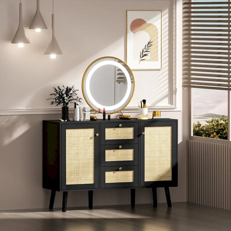 Madia moderna in rattan, legno nero, 3 cassetti e 2 ante, mobile contenitore in stile boho