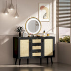 Madia moderna in rattan, legno nero, 3 cassetti e 2 ante, mobile contenitore in stile boho