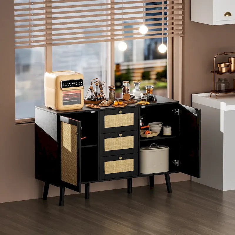 Madia moderna in rattan, legno nero, 3 cassetti e 2 ante, mobile contenitore in stile boho