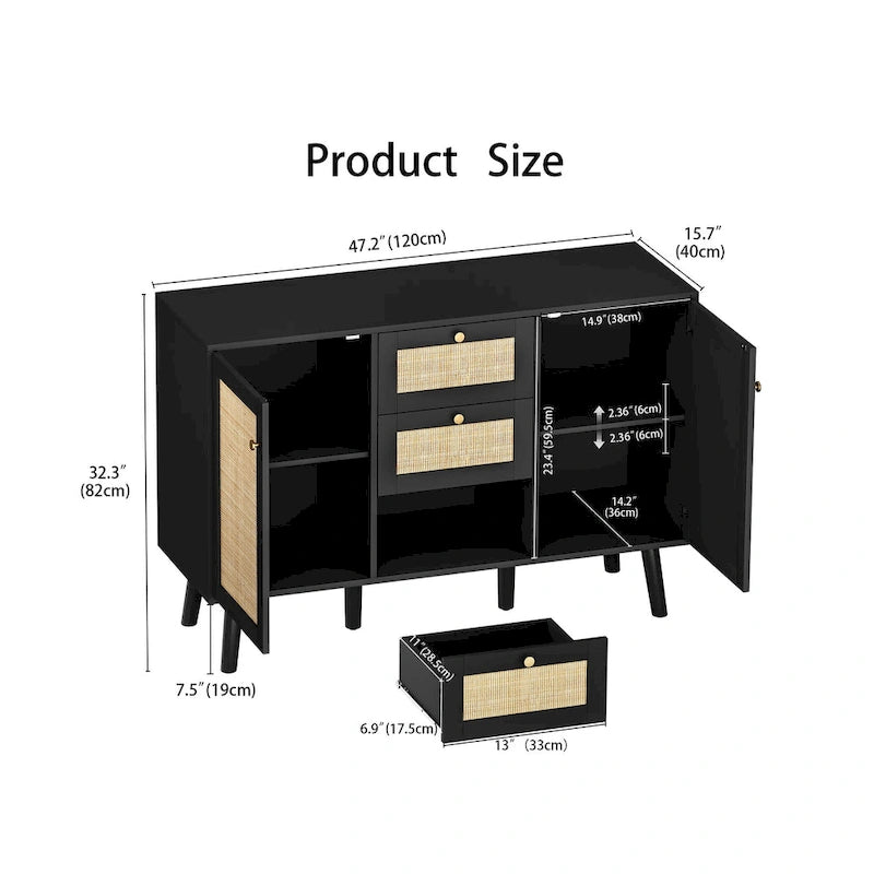 Madia moderna in rattan, legno nero, 3 cassetti e 2 ante, mobile contenitore in stile boho