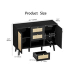 Madia moderna in rattan, legno nero, 3 cassetti e 2 ante, mobile contenitore in stile boho