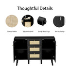 Madia moderna in rattan, legno nero, 3 cassetti e 2 ante, mobile contenitore in stile boho