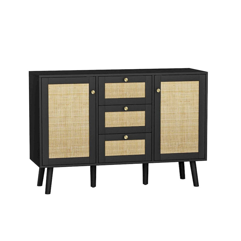 Madia moderna in rattan, legno nero, 3 cassetti e 2 ante, mobile contenitore in stile boho