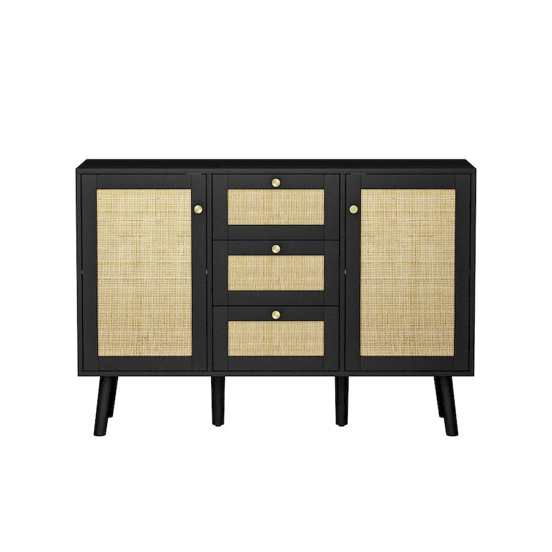 Madia moderna in rattan, legno nero, 3 cassetti e 2 ante, mobile contenitore in stile boho