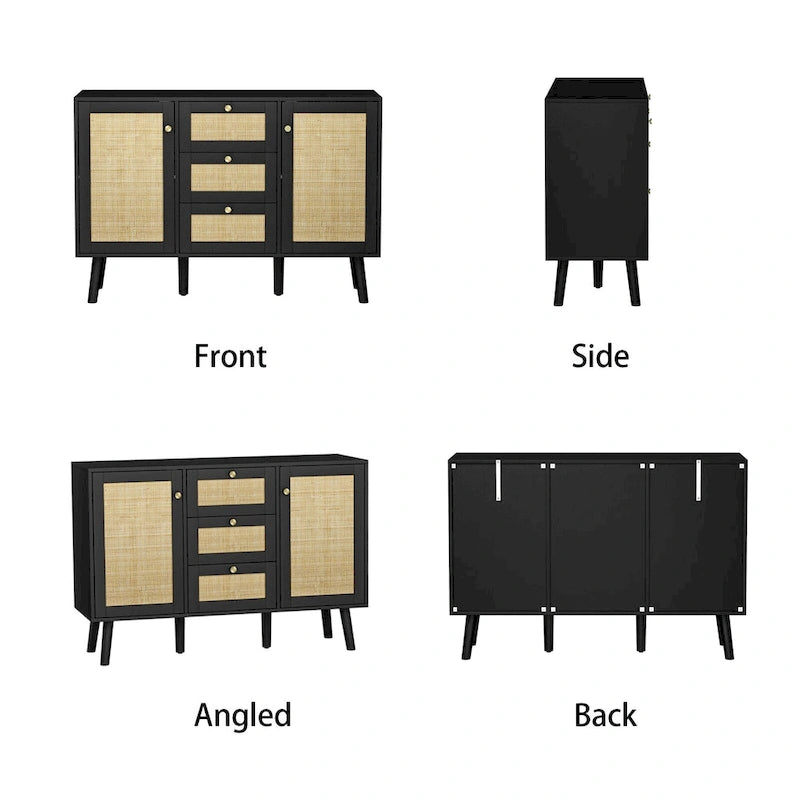 Madia moderna in rattan, legno nero, 3 cassetti e 2 ante, mobile contenitore in stile boho
