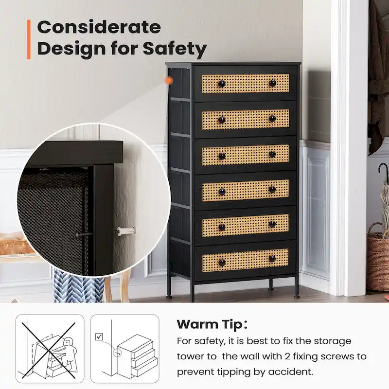 Cassettiera a 6 cassetti con mobiletto organizer in rattan PE