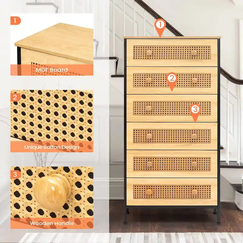 Cassettiera a 6 cassetti con mobiletto organizer in rattan PE