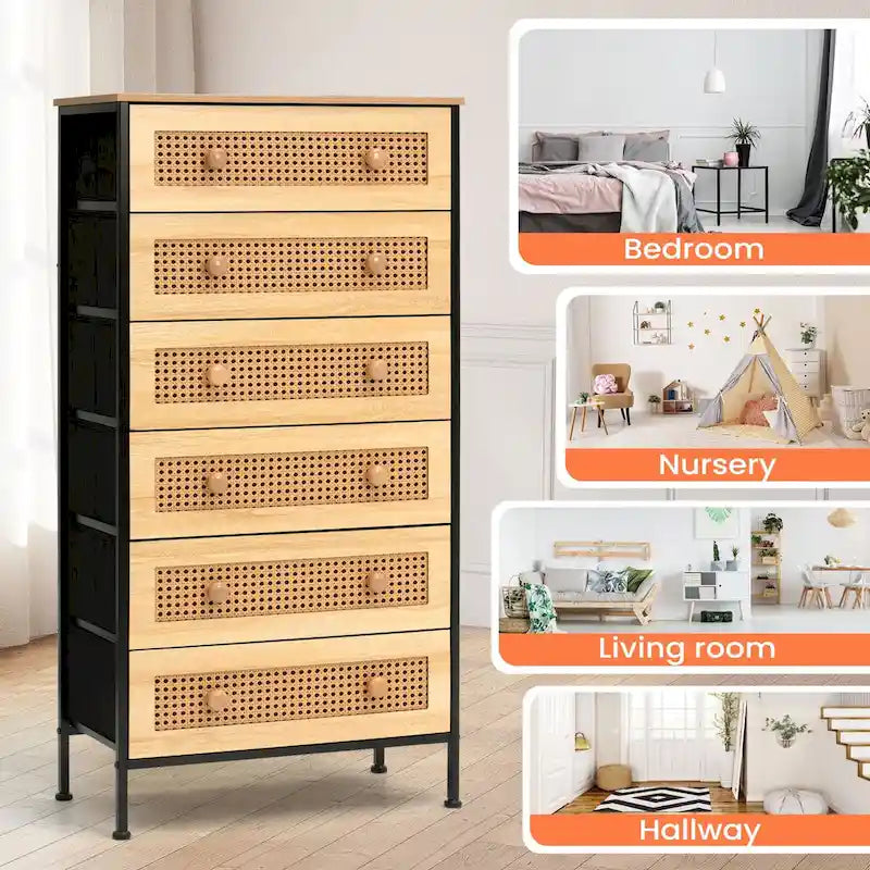 Cassettiera a 6 cassetti con mobiletto organizer in rattan PE