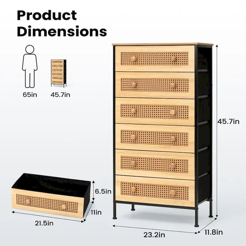 Cassettiera a 6 cassetti con mobiletto organizer in rattan PE